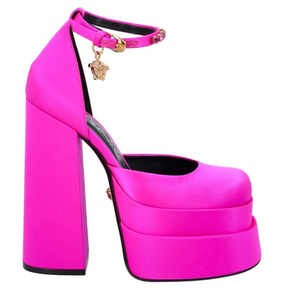 Pink Versace Medusa Head Charm Satin Platform Pump NEVER WORN